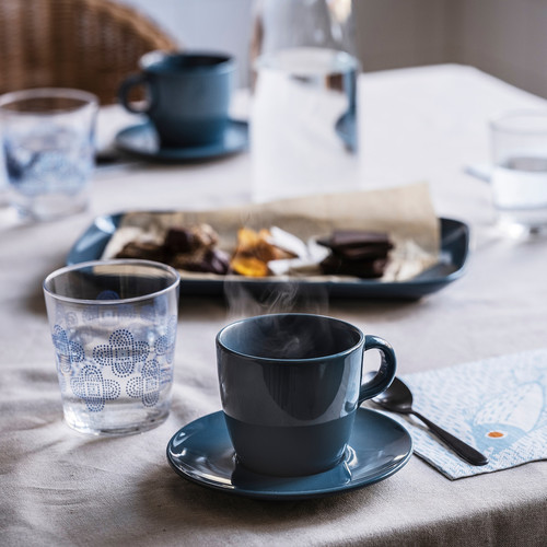 FÄRGKLAR Teacup with saucer, glossy dark turquoise, 25 cl, 4 pack