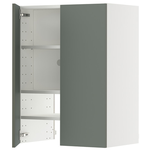 METOD Wall cb f extr hood w shlf/door, white/Nickebo matt grey-green, 60x80 cm