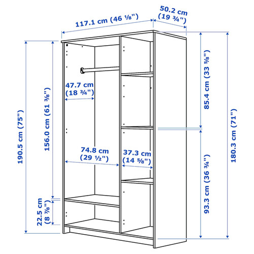 BRIMNES Wardrobe with 3 doors, white, 117x190 cm