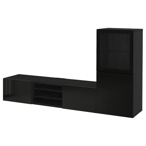 BESTÅ TV storage combination/glass doors, black-brown/Selsviken high-gloss/black clear glass, 240x42x129 cm