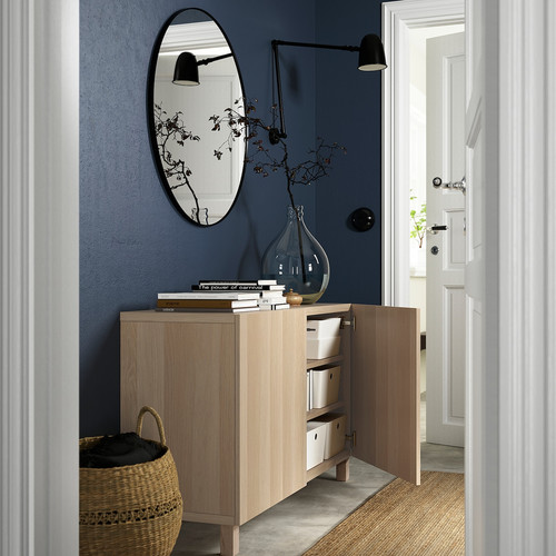 BESTÅ Storage combination with doors, white stained oak effect, Lappviken white stained oak effect, 120x40x74 cm