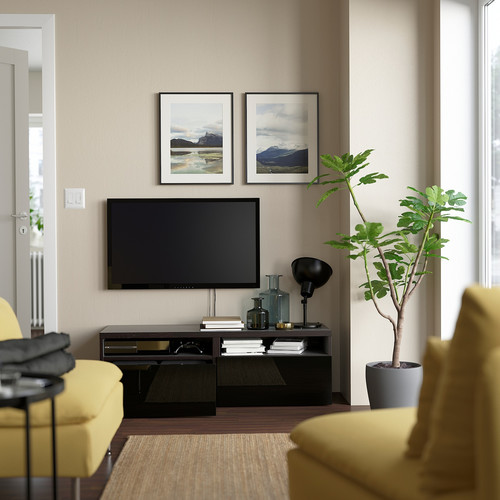 BESTÅ TV bench with drawers, black-brown/Selsviken high-gloss/black, 120x42x39 cm