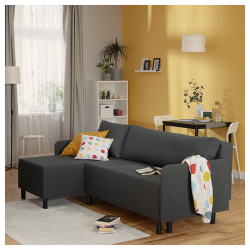 BRUKSVARA 3-seat sofa-bed with chaise longue, with chaise longue grey