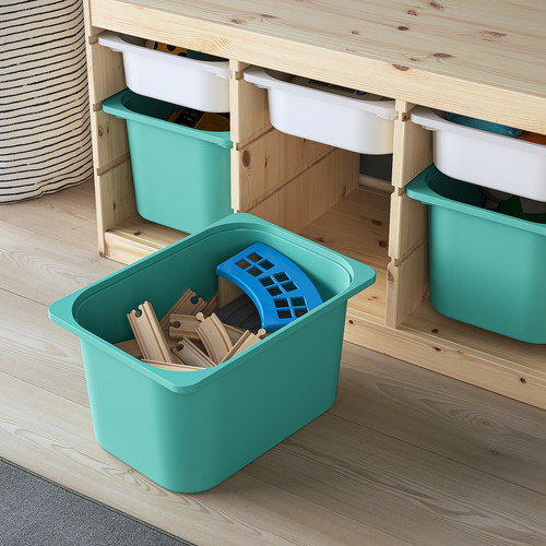 TROFAST Storage combination with boxes, light white stained pine white/turquoise, 93x44x52 cm