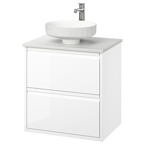 ÄNGSJÖN / LERSJÖN Wash-stnd w drawers/wash-basin/tap, high-gloss white/white marble effect, 62x49x79 cm