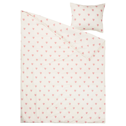 BARNDRÖM Duvet cover and pillowcase, heart pattern white, pink, 150x200/50x60 cm