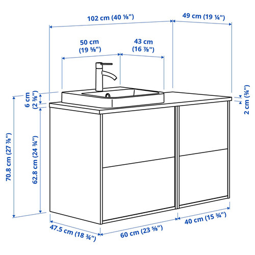 ÄNGSJÖN / BACKSJÖN Wash-stand/wash-basin/tap, oak effect/grey stone effect, 102x49x71 cm