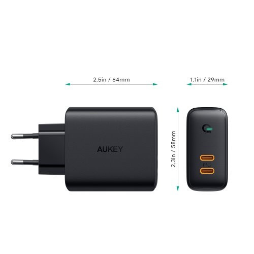 Aukey Wall Charger EU Plug 2xUSB-C Power Delivery PA-D2, black