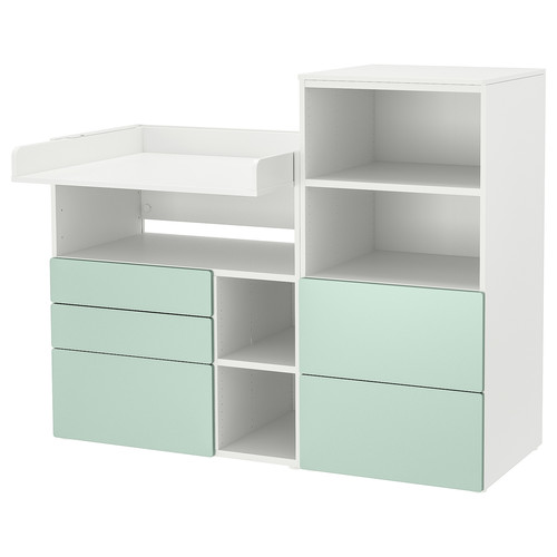 SMÅSTAD / PLATSA Changing table, white light green/with bookcase, 150x79x123 cm