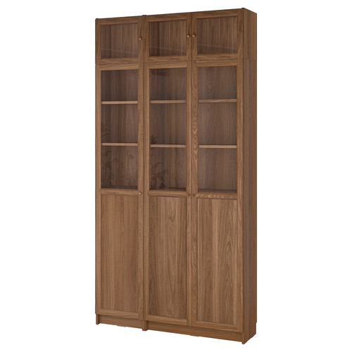 BILLY / OXBERG Bookcase w hght ext ut/pnl/glss drs, brown walnut effect/clear glass, 120x30x237 cm