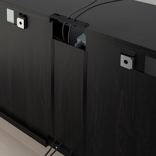 BESTÅ TV storage combination/glass doors, black-brown/Selsviken high-gloss/beige smoked glass, 300x42x231 cm