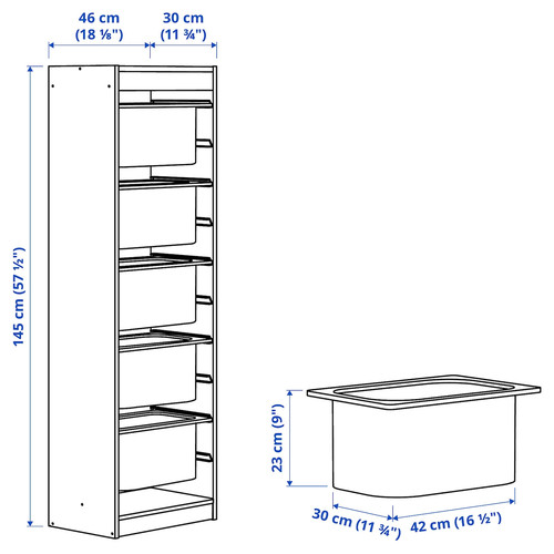 TROFAST Storage combination with boxes, white/grey, 46x30x145 cm