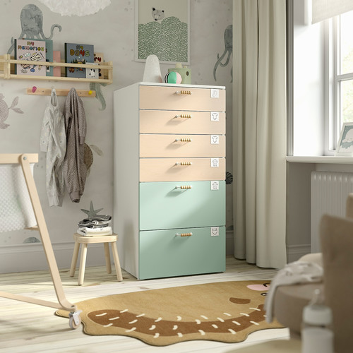 SMÅSTAD / PLATSA Chest of 6 drawers, white birch/light green, 60x57x123 cm