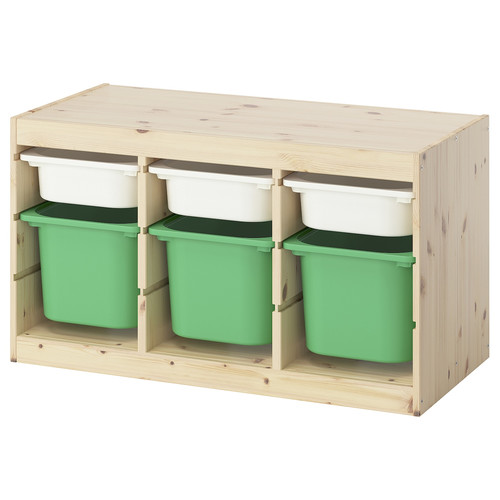 TROFAST Storage combination with boxes, light white stained pine white/bright green, 93x44x52 cm