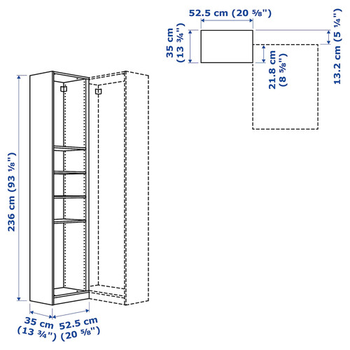 PAX Add-on corner unit with 4 shelves, white, 53x35x236 cm