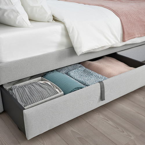GLADSTAD Upholstered bed, 4 storage boxes, Kabusa light grey, 160x200 cm