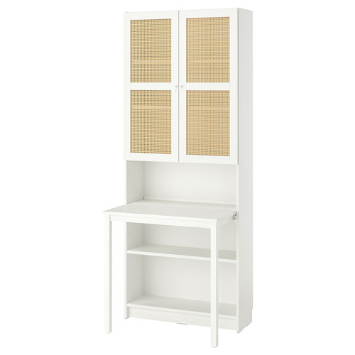 BILLY / HÖGADAL Bookcase with desk, white/woven bamboo, 80x202 cm