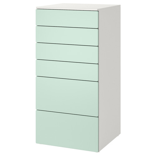 SMÅSTAD / PLATSA Chest of 6 drawers, white/light green, 60x57x123 cm