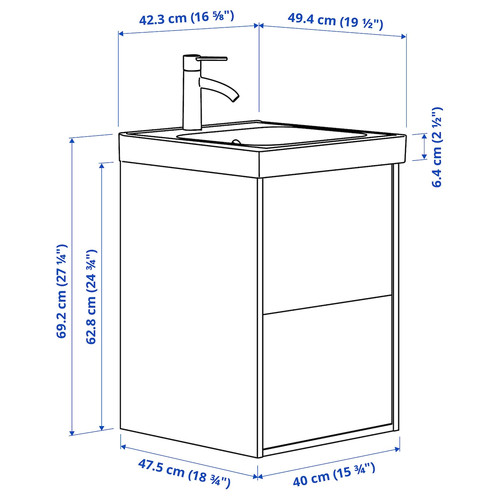 ÄNGSJÖN / ORRSJÖN Wash-stnd w drawers/wash-basin/tap, high-gloss white, 42x49x69 cm