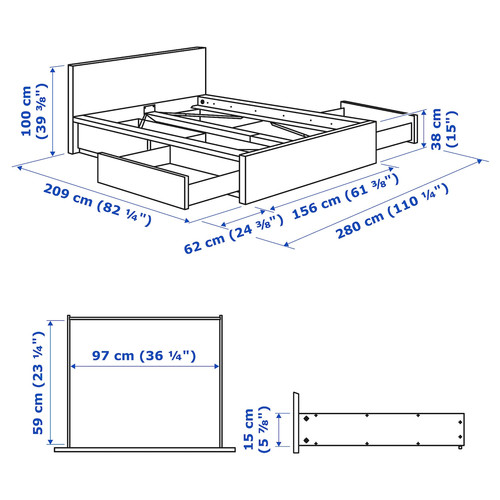 MALM Bed frame, high, w 4 storage boxes, white stained oak veneer, 140x200 cm