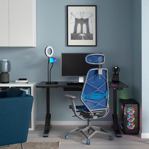 UPPSPEL / STYRSPEL Gaming desk and chair, black blue/light grey, 140x80 cm