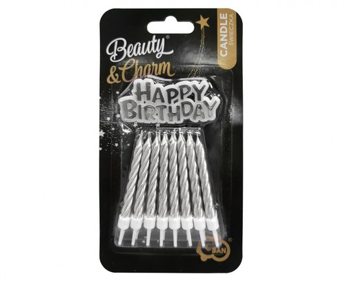 Birthday Candles Happy Birthday, silver, 16pcs