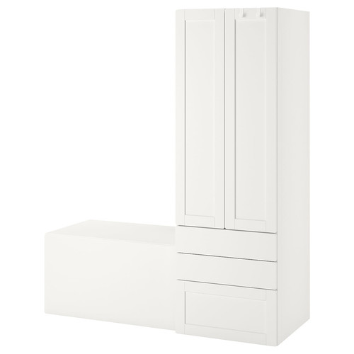 SMÅSTAD / PLATSA Storage combination, white with frame/with bench, 150x57x181 cm