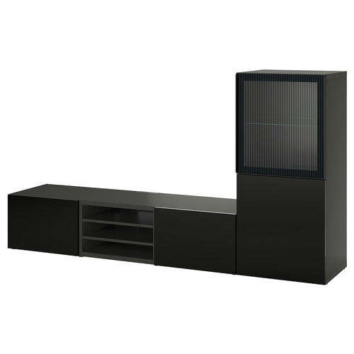 BESTÅ TV storage combination/glass doors, black Selsviken/Fällsvik anthracite, 240x42x129 cm