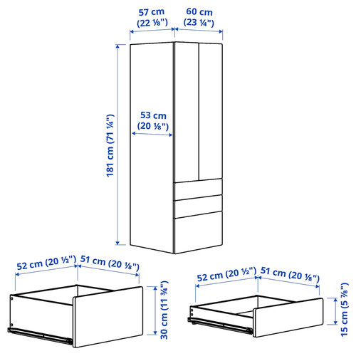 SMÅSTAD / PLATSA Wardrobe, white with frame/with 2 drawers, 60x57x181 cm