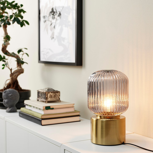 SOLKLINT Table lamp, brass, grey clear glass, 28 cm