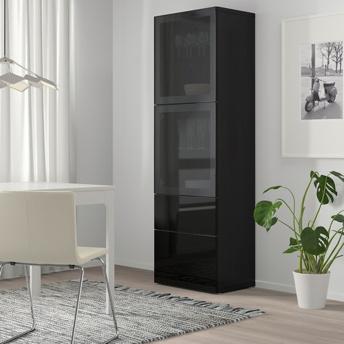 BESTÅ Storage combination w glass doors, black-brown, Selsviken high-gloss/black smoked glass, 60x42x192 cm