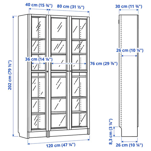 BILLY / OXBERG Bookcase combination w glass doors, oak effect/clear glass, 120x30x202 cm