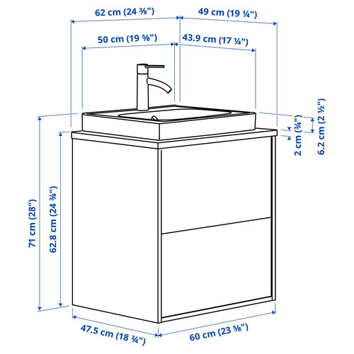 HAVBÄCK / ORRSJÖN Wash-stnd w drawers/wash-basin/tap, white/black marble effect, 62x49x71 cm