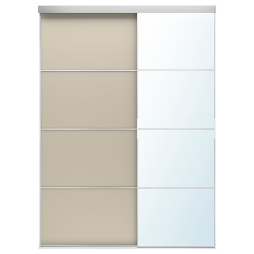 MEHAMN/AULI/SKYTTA Sliding door combination, aluminium double sided/grey-beige mirror glass, 177x240 cm