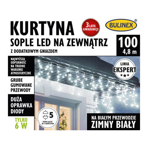 Christmas Curtain Lights In-/Outdoor 100 LED 4.8m, icicles, white cable, cool white