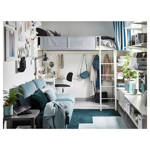 VITVAL Loft bed frame with desk top, white, light grey, 90x200 cm