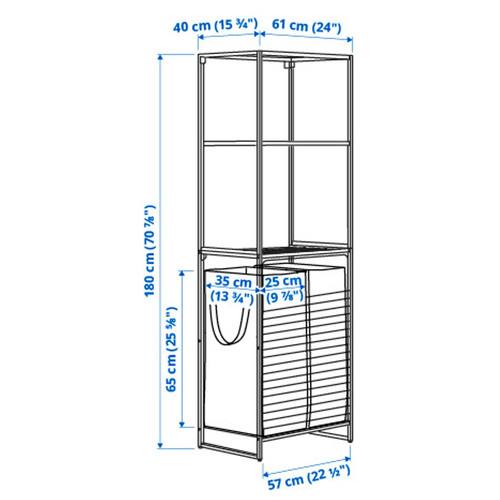 JOSTEIN Shelving unit with bags, in/outdoor wire/transparent white, 61x40/76x180 cm