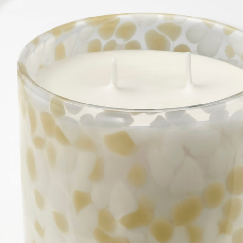 JÄMLIK Scented candle in glass, 2 wicks, Vanilla/light grey-beige, 50 hr