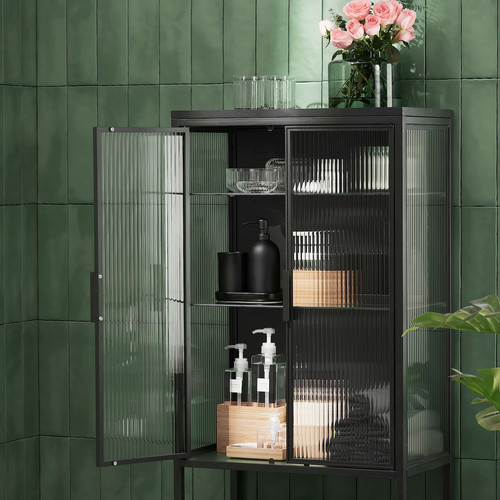 MOSSJÖN Glass-door cabinet with 2 doors, anthracite, 60x34x146 cm