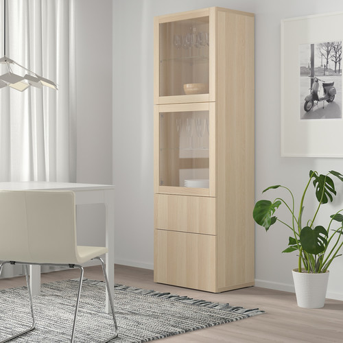 BESTÅ Storage combination w glass doors, white stained oak effect, Lappviken white stained oak eff, clear glass, 60x42x192 cm