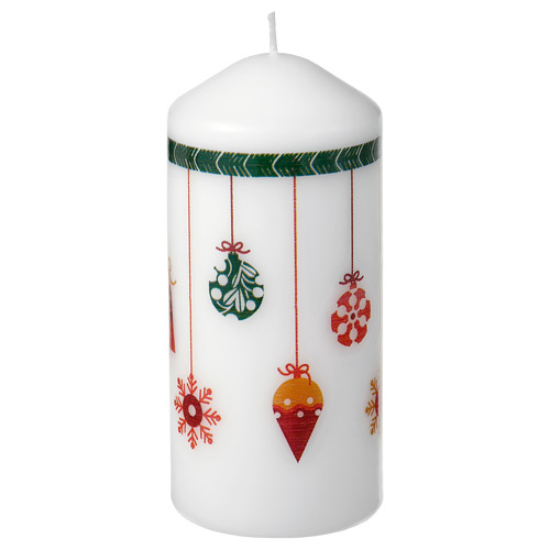 VINTERFINT Unscented pillar candle, christmas motifs white, 14 cm