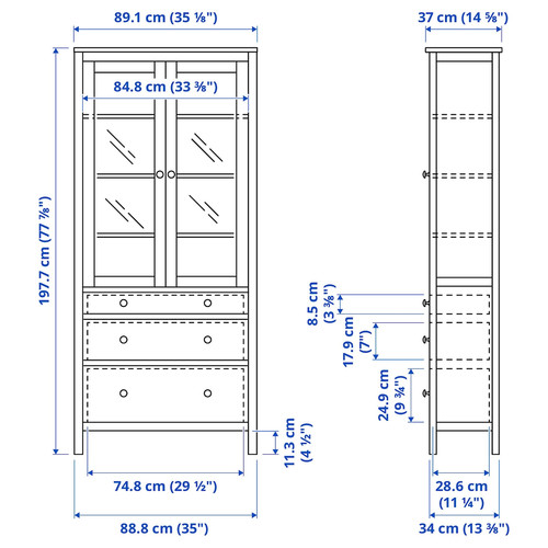 HEMNES Glass-door cabinet with 3 drawers, white stain, 90x197 cm