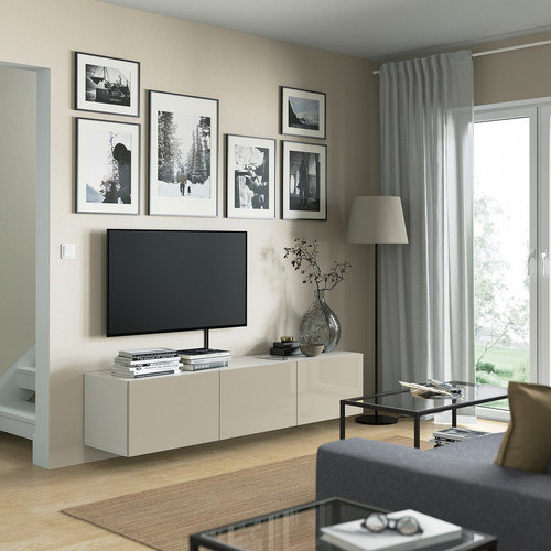 BESTÅ TV bench with doors, white, Selsviken high-gloss/beige, 180x42x38 cm