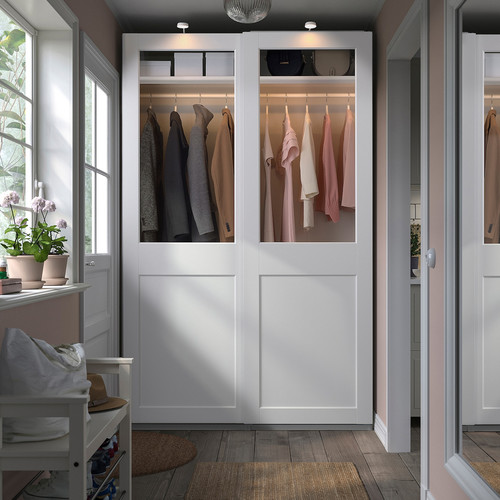 PAX / GRIMO Wardrobe with sliding doors, white/clear glass white, 150x66x236 cm