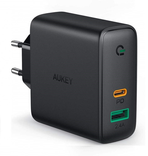 Aukey Dual-Port PD Charger with Dynamic Detect Wall Charger 2xUSB Power Delivery (1xUSB A+1xUSB C) PA-D1 EU Plug