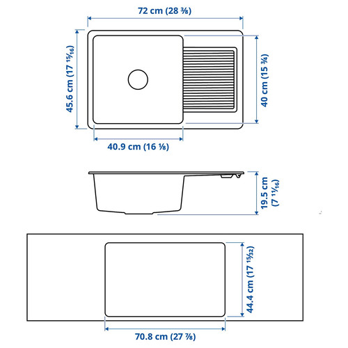 KILSVIKEN Inset sink, 1 bowl with drainboard, black/quartz composite, 72x46 cm