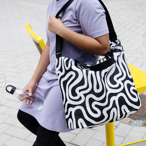 RÄCKLA Bag, foldable, patterned/black white, 48x36 cm/20 l