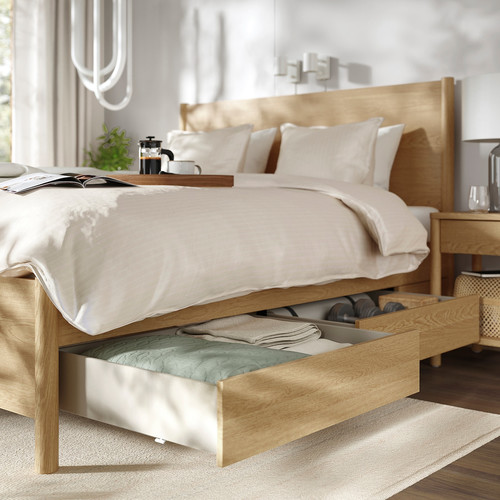 TONSTAD Bed frame with storage, oak veneer/Leirsund, 140x200 cm