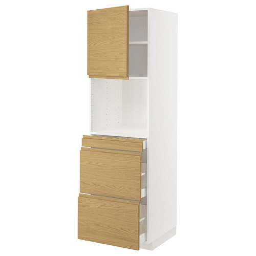 METOD / MAXIMERA Hi cab f micro combi w door/3 drwrs, white/Voxtorp oak effect, 60x60x200 cm