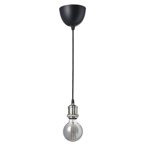 JÄLLBY / MOLNART Pendant lamp with light bulb, textile nickel-plated/globe grey clear glass